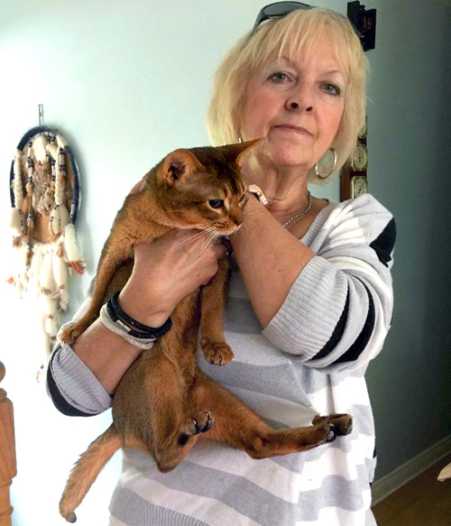 Hinka Chapman holding one of her ruddy Abyssinina males. 